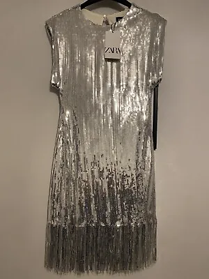 Zara Silver Sequin Fringe Dress - Size M • £37.99