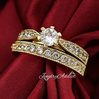 14k Gold Gf Vintage Milgrain Engagement Wedding Band Simulant Diamond Rings Set • $10.28