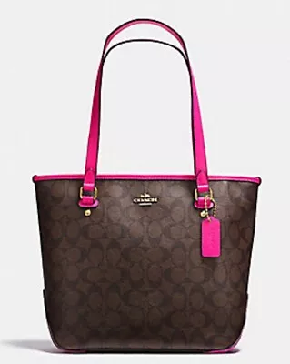 Coach Signature C Brown/Fuchsia Zip Top Coated Canvas Shoulder Bag Tote Handbag • $102