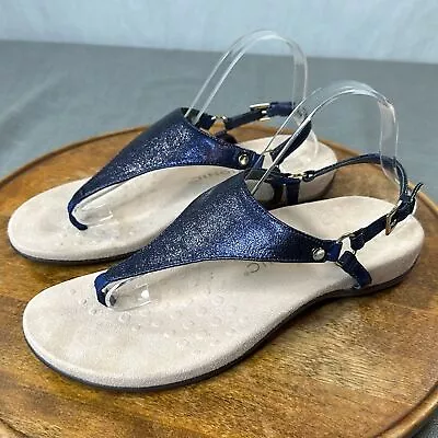 Vionic Sandals Womens 10 Kirra Blue Metallic Comfort Thong T-Strap Slingback • £36.62