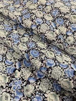 2.5 Yards Blue On Black Poppy Floral Vintage OOP Stylecrest Cotton Lawn Fabric • $9.99