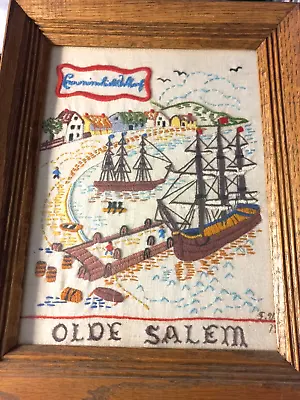 Vintage Needle Work Old Salem Embroidery Framed Oak Hand Made • $24.97