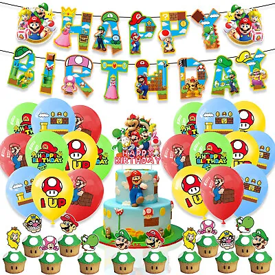 SUPER MARIO Party Supplies Balloons Banner Cake Toppers Kids Birthday Decoration • $18.99