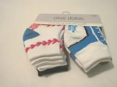 New 6-12 Mo Okie Dokie 6 Pair Baby Boy's Sport Themed Low-cut Socks W/ Grippers • $10.99