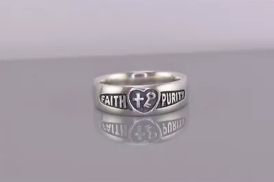 JNR Sterling Silver Carved Heart Cross Key FAITH PURITY Band Ring 925 Sz: 12 • $25.50