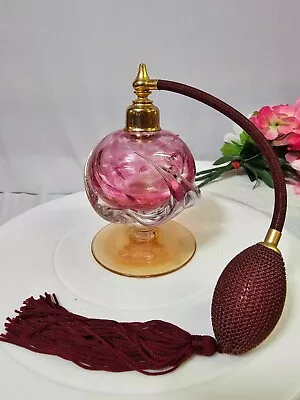 Vtg Clear Cranberry/ Pink Art Glass Murano STYLE Perfume Atomizer -Heavy - A5 • $64.99