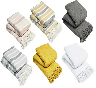 £5.99 • Buy New Designer 100% Cotton Bed Stripe Waffle Weave Sofa Blanket Throw Or C/Covers