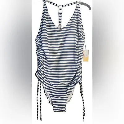 Kona Sol Women’s Navy White Striped One Piece T-Back Swimsuit Size XL 16-18 NWT • $26