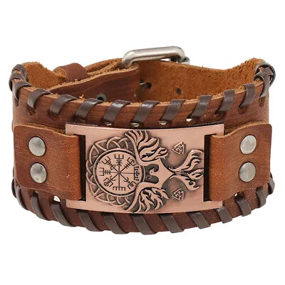 Men's Norse Viking Vegvisir Compass&Raven Leather Cuff Wristband Bracelet Gifts • $4.99