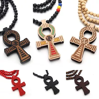 Mens Egyptian Ankh Cross Wood Pedant Punk Hip Hop Necklace Wooden Ball Chain 35  • $9.99