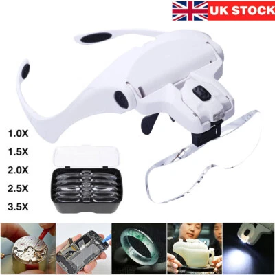 £10.86 • Buy 2 LED Light Magnifying Glasses Head Moun Magnifier Adjustable Headband & 5 Lens