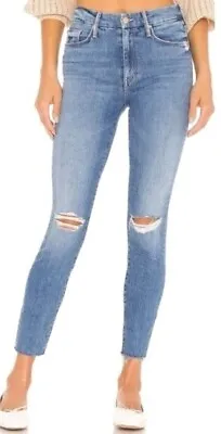 Mother Looker Ankle Fray Mid Rise Skinny Jeans Love Gun Blue Destroyed 25 X 26 • $89.99