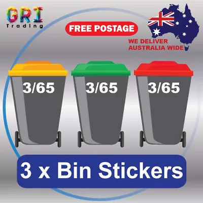 3x Wheelie Rubbish Garbage Bin Sticker House Number Vinyl Decal • $10.50