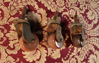 3 Vintage Bedframe Casters Antique Cast Iron/Ceramic Wheels With Mounting Plates • $15