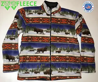 ZooFleece Bison Buffalo Native American Aztec Warm Unisex Fleece Jacket S-M • $44.62