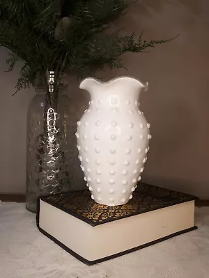 Vintage FTD Milk Glass With Clear Ruffle Top Hobnail Vase • $14