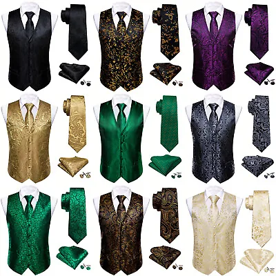 Formal Casual Vest Tie Set Mens Silk Waistcoat Tuxedo Gilet Hankie Cufflinks • $16.99