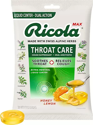 Ricola Max Throat Care Honey Lemon Cough DropsLiquid CenterDual Action34Count • $7.95