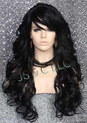 Extra Long Full Human Hair Blend Wig Wavy Bangs Layered Heat Ok Black RMVS • $89.94