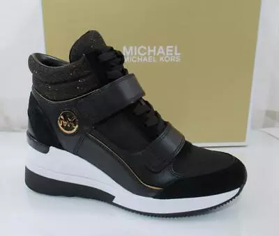 Michael Kors Gentry High Top Wedge Trainer Sneakers MK Logo Black Bronze Size 9 • $239.99