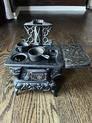 Vintage Crescent Cast Iron Toy Stove Miniature Black W/ Pots Wood Burning Doll • $29