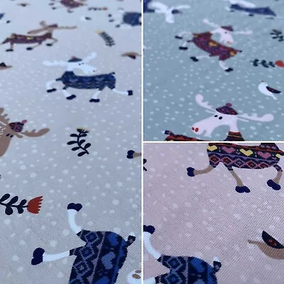 Jolly Deer Xmas Print Cotton Elastane Spandex Stretch Jersey Dress Craft Fabric • £6.95