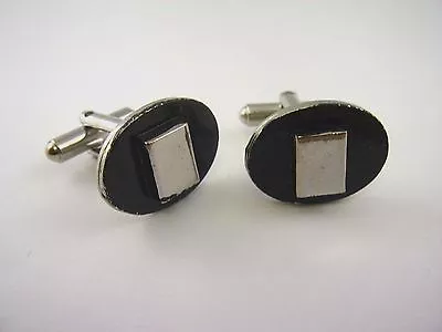 Vintage Cufflinks: Black Background Silver Tone Rectangle Center • $8.99