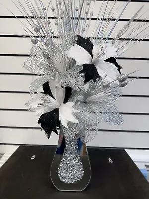 Crushed Diamond Vase With Black Silver Flowers Mirrored Mantel Vase Bling 25 Cm • £34.99