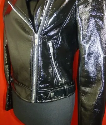 Miss Selfridge Women’s Black Faux Patent Leather Biker Rock Chick Jacket Uk 10  • £12.99