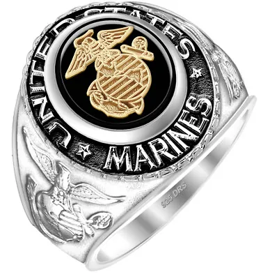 Men's Two Tone 0.925 Sterling Silver Or Vermeil US Marine Corps Solid Back Ring • $399.99