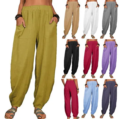 $19.83 • Buy Women Cotton Linen Harem Pants Baggy Wide Leg Trousers Hippie Yoga Beach Travel