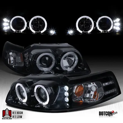 Black Smoke Fit 1999-2004 Ford Mustang GT LED Halo Projector Headlights Lamps • $134.99