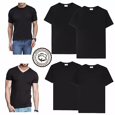 $25.99 • Buy 3 Or 6Pcs Black Men 100% Cotton Crew-Neck V-Neck Thick T-Shirt Casual Tee S-4XL