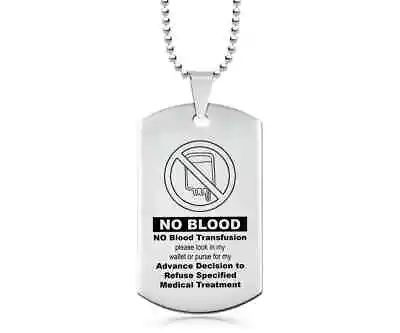 Personalised Alert NO BLOOD Necklace Dog Tag Made From Stainless Steel Medical • £24.99