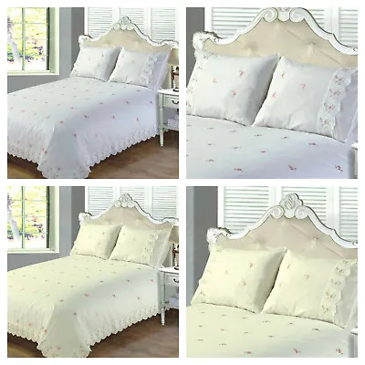 Sophie Embroidered Pink Rose Lace Detail Duvet Cover Bedding Set CREAM OR WHITE • £26.49