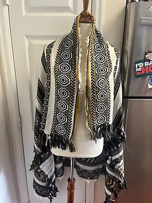 ZARA Shawl Wrap Blanket Scarf Mustard/Black/Cream Oversized 45 X 55  Made India • $17.99