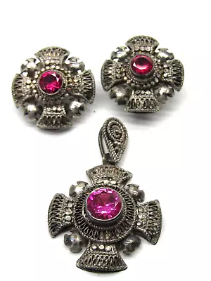 Vtg Jerusalem Jordan Maltese Cross 1000 Sterling Silver Pendant Clip On Earrings • $129.99