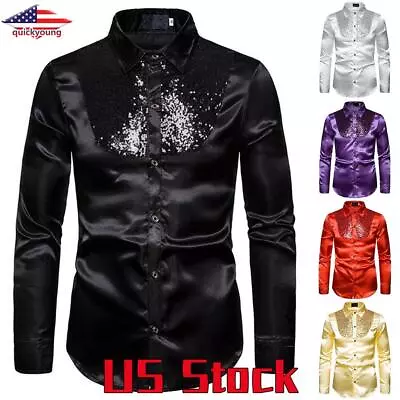 Men's Sequins Long Sleeve Shirts Party Nightclub Dance T-Shirt Shiny Button Tops • $18.99