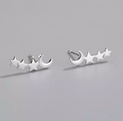 Lovely Adorable Tiny Moon Stars Silver SP Earrings Stud • $7.99