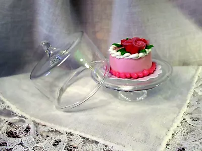 New Dollhouse Stunning Bakery Cake Red & Pink Roses Glass Stand With Dome • $8.99