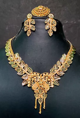 22K Gold Plated Indian 8'' Long Wedding Necklace Earrings Finger Ring Set JaR384 • £20.93