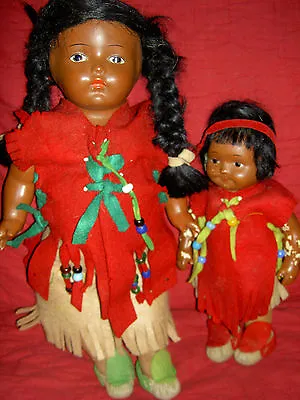 PAIR Cute L'bd. Madame Hendren Compo. American Indian Mother/daughter Dolls 1916 • $259