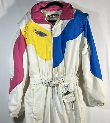 Ski Suit Obermeyer One Piece Snowsuit Snow Bib Pink Yellow Vintage 80s WOMENS 12 • $192.50