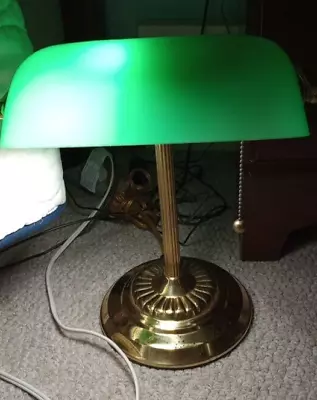 Vintage Banker's Desk Piano Lamp Green Glass Shade Pull Chain Brass Finish Base • $22.50