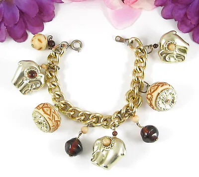 ELEPHANT CHARMS BRACELET Vintage Goldtone Tan Big Brown Beads Lightweight • $15.74