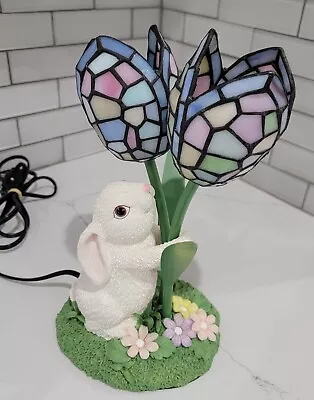 Rabbit Table Lamp W/ Stained Glass Tulips Light Easter Bunny • $64.99