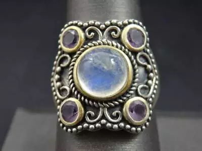 Vintage Artisan Rainbow Moonstone Cabochon Amethyst Sterling 18K Ring Size 9 • $60