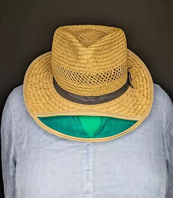 Green Visor Fedora Straw Hat Farmers Sun Hat YR Vintage Panama Fear & Loathing • $21.99