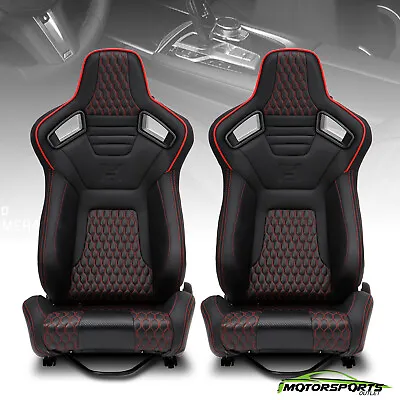 Pair Of PVC Carbon Fiber Leather Reclinable Racing Seats W/Silders Red+Black • $338.98