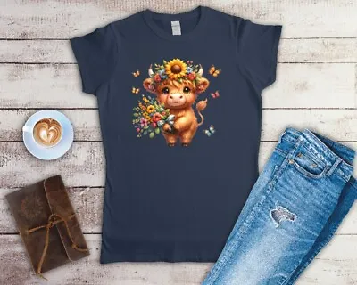 Highland Cow With Flowers 24 Different Designs Ladies Fitted T Shirt Small-2XL • £11.24